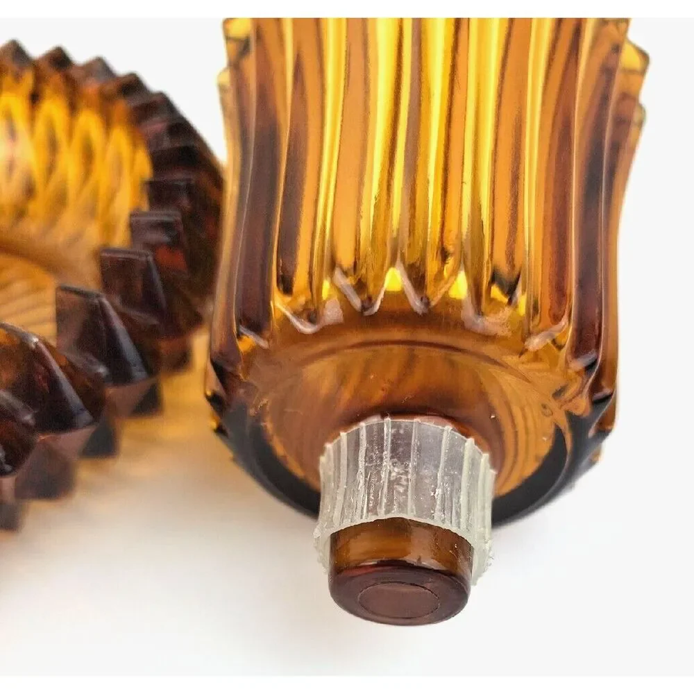 Vintage Indiana Glass Amber Diamond Saw Tooth 2 in 1 Votive Taper Candle Holder